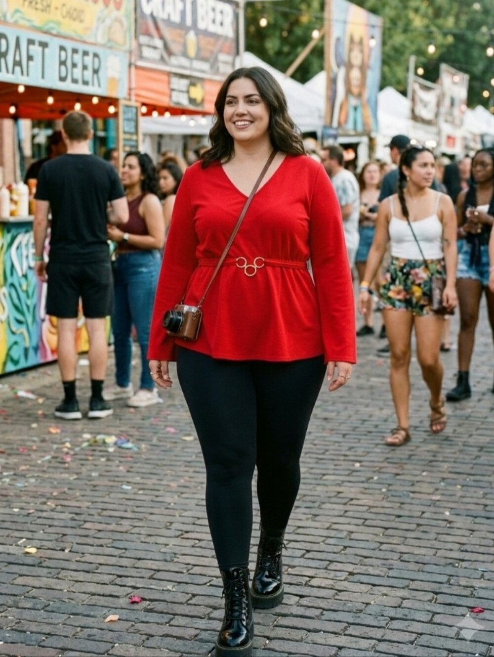 Women’s Red Long-Sleeve V-Neck Peplum Blouse with Gold Ring Detail